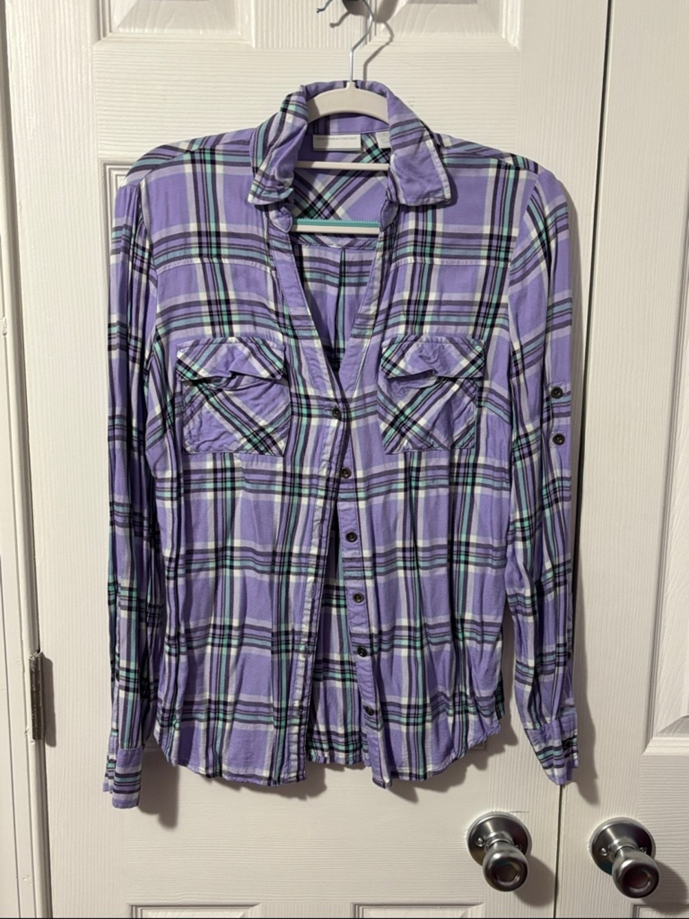 New York & Company Lavender Plaid Button-Down Shirt